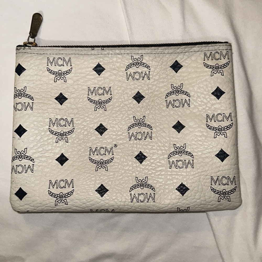 MCM Rare Vintage Visetos White with Navy Monogram, medium pouch